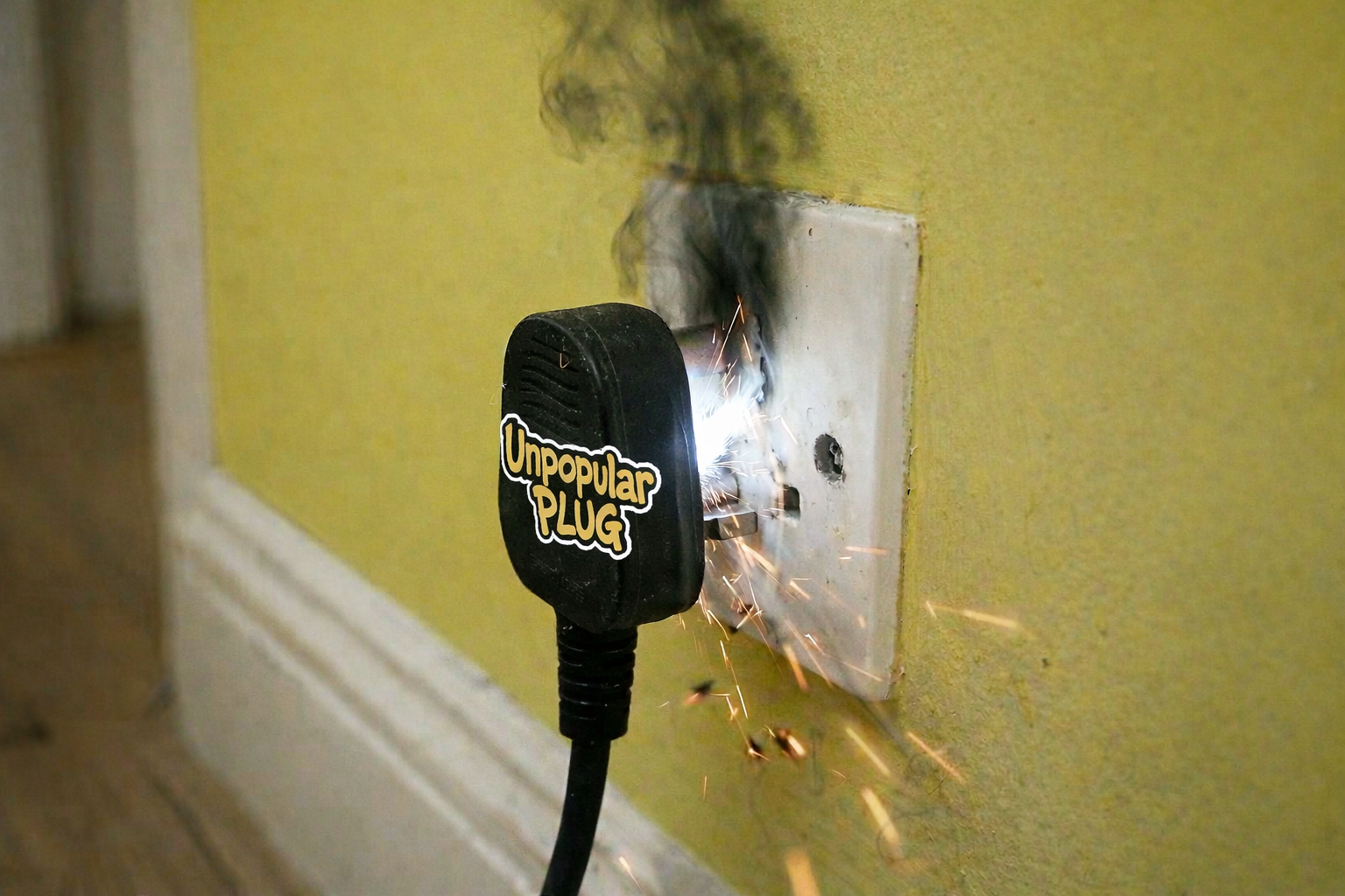 Sparking electrical plug emitting smoke from wall outlet